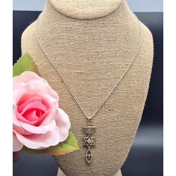 Religious Jewish Star of David Cross Menorah Pendant 925 Sterling Necklace 18" - Picture 2 of 9